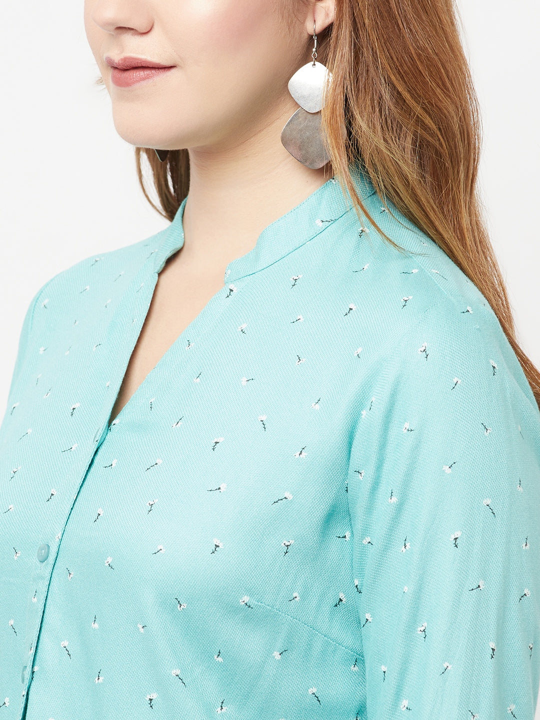 Mint-Green Floral Printed V-Neck Shirt - Women Shirts