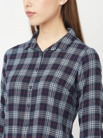Navy Blue Tartan Checks Shirt - Women Tops