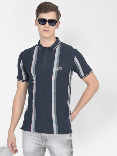  Navy Blue Wide Striped Polo T-Shirt