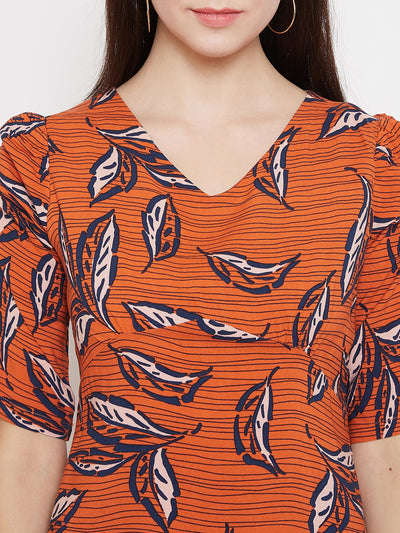 Rust Orange Floral print A-line Dress - Women Dresses