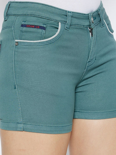 Green Slim Fit Denim Shorts - Women Shorts