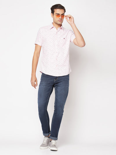  Short-Sleeved Light Pink Floral Shirt