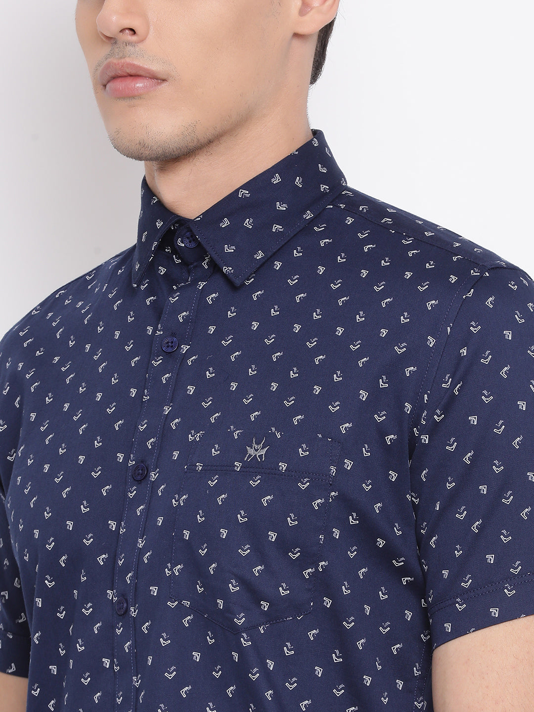 Navy Blue Printed Spread Collar Slim Fit Shirt - Men Shirts
