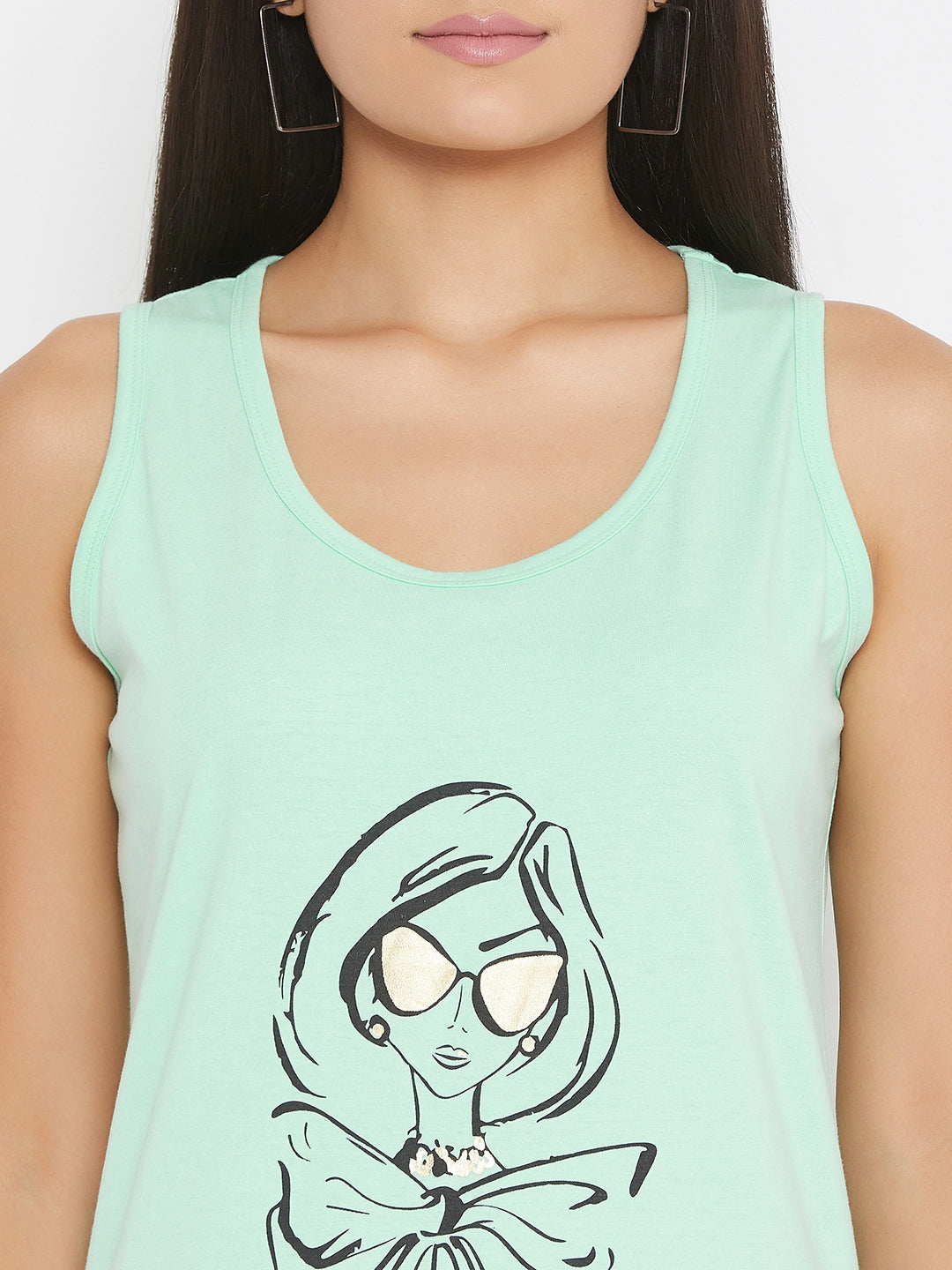 Mint Green Printed Tank Top - Women Lounge Tops