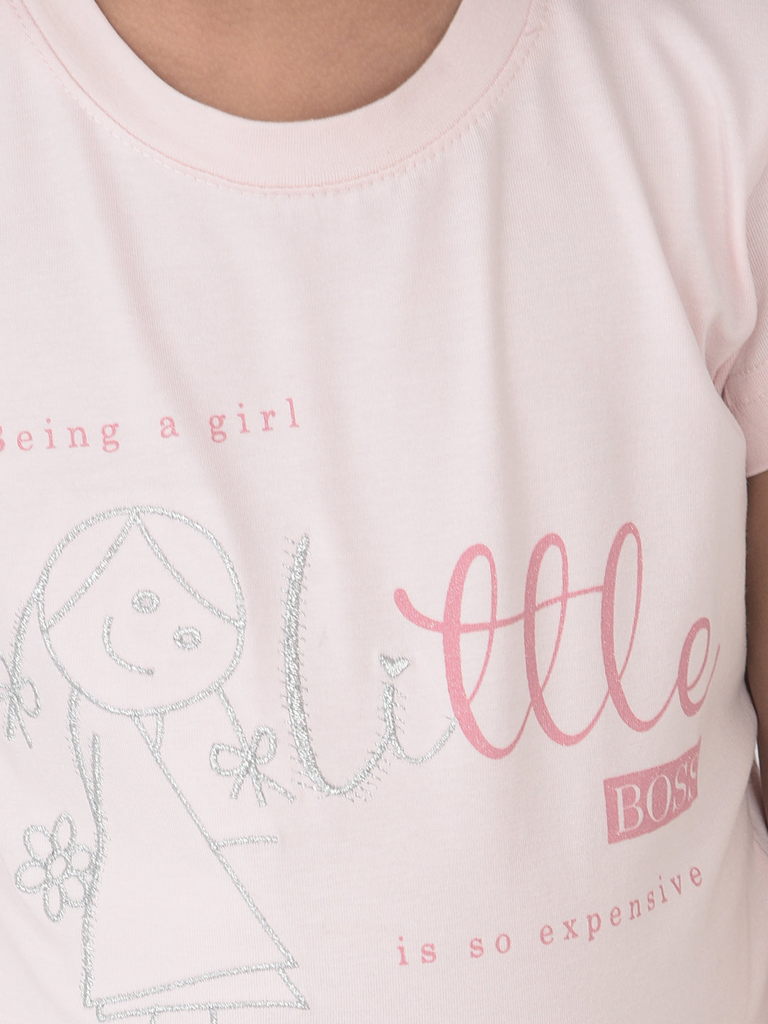 Light Pink Printed Round Neck T-Shirt - Girls T-Shirts