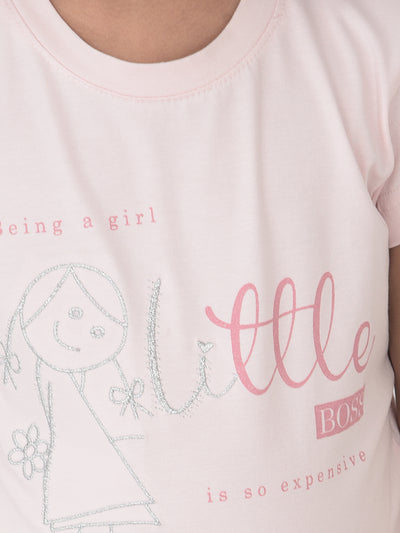 Light Pink Printed Round Neck T-Shirt - Girls T-Shirts