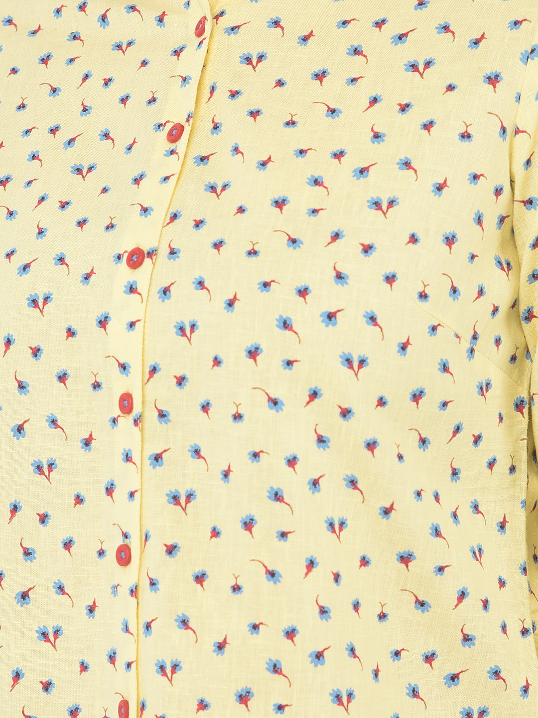 Yellow Floral Printed Linen Mandarin Collar Shirt - Women Shirts