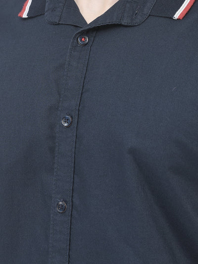  Striped Collar Navy Blue Shirt