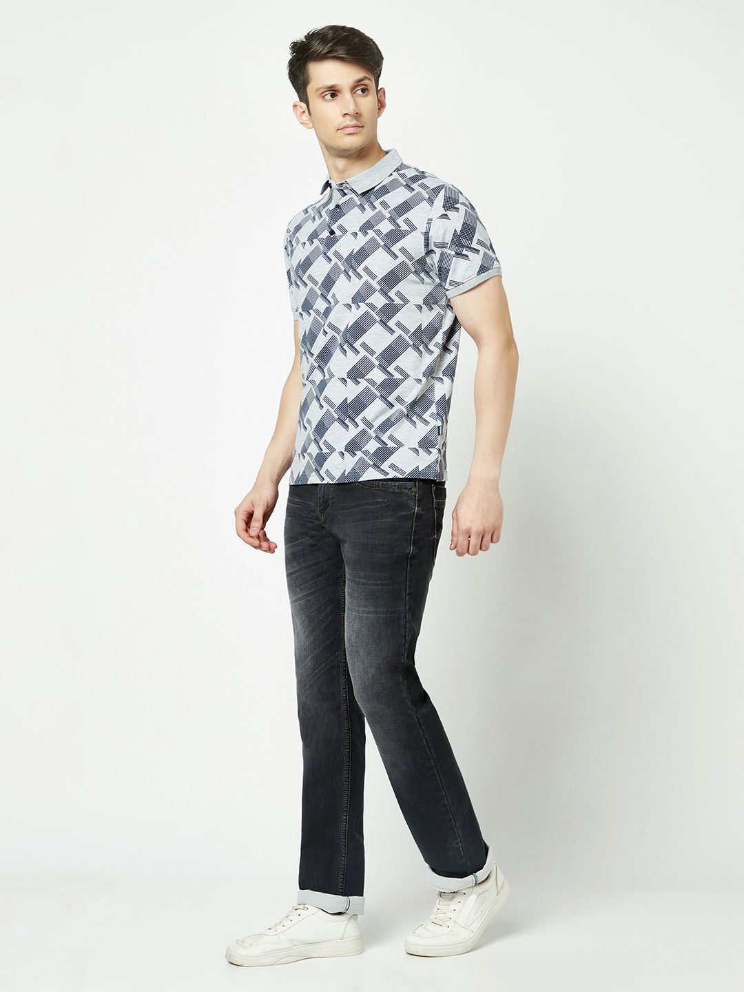  Grey Melange Geometric Print T-Shirt