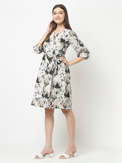 Off-White Floral Dress with Tie-Up Detail