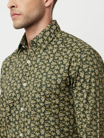 Olive Floral Printed Shirt-Men Shirts-Crimsoune Club