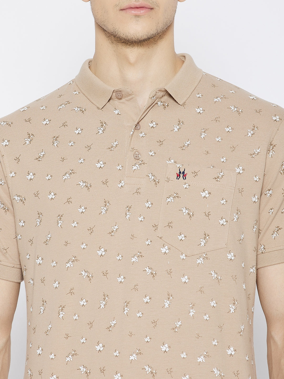 Beige Printed Polo Neck T-shirt - Men T-Shirts