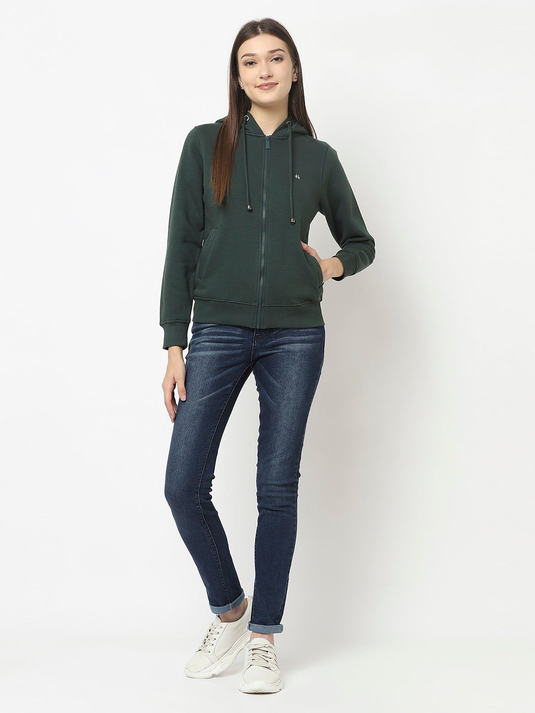 Dark Green Zipper Sweatshirt with Split Kangaroo Pocket 