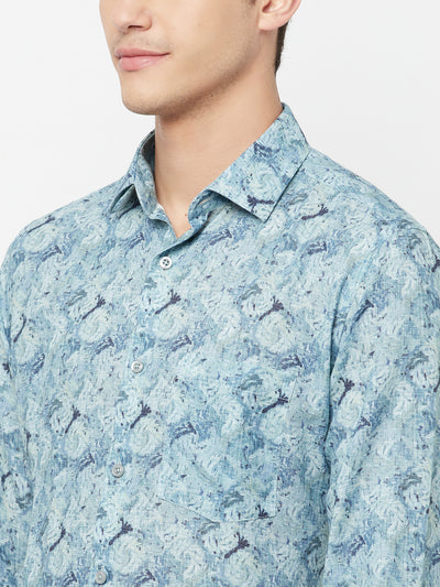 Blue Printed Linen Shirt - Men Shirts