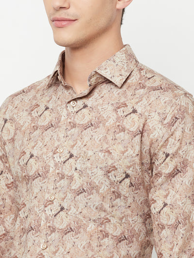Beige Printed Linen Shirt - Men Shirts
