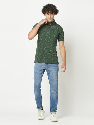  Bottle Green Floral Print Polo T-Shirt