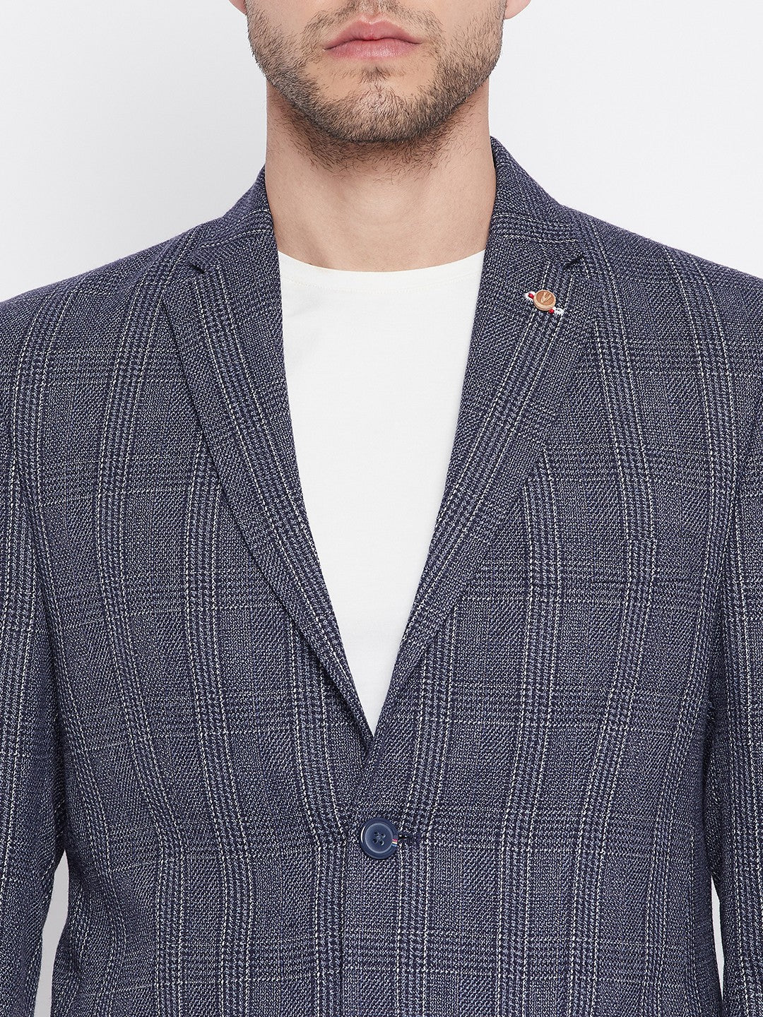 Blue Checked Notched Lapel Blazer - Men Blazers