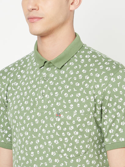 Green Floral Printed Polo T-Shirt - Men T-Shirts