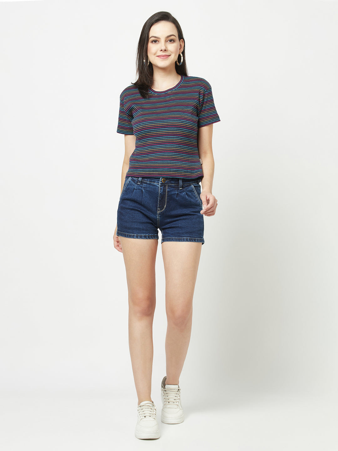  Navy Blue Denim High-Waisted Shorts 