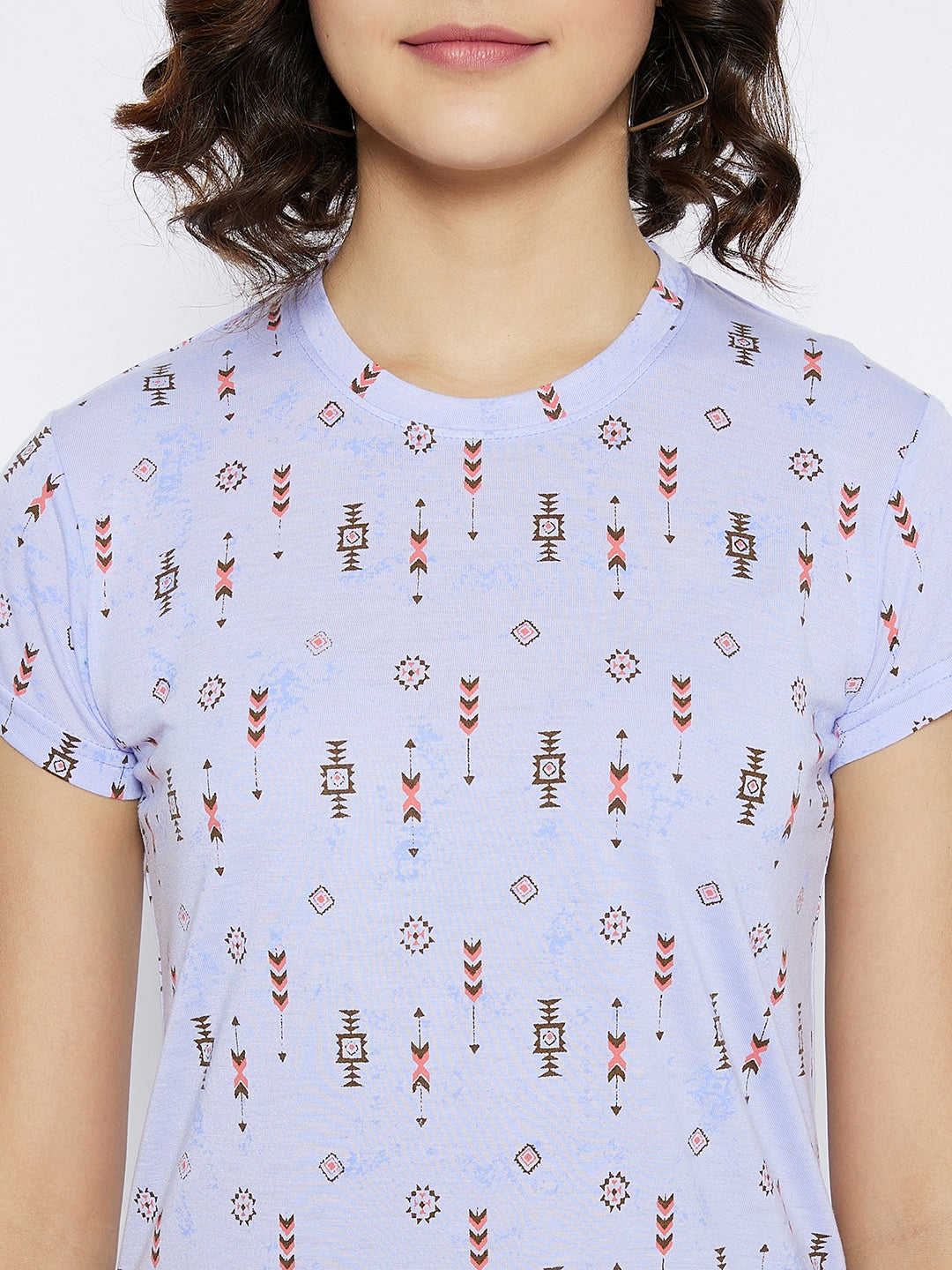 Blue Printed Round Neck T-shirt - Women T-Shirts