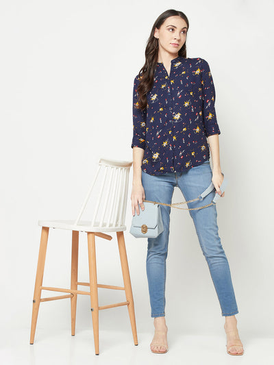  Navy Blue Floral Mandarin Shirt