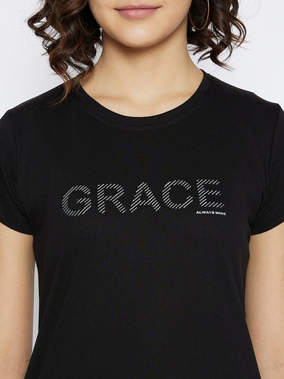 Black Printed Round Neck T-shirt - Women T-Shirts