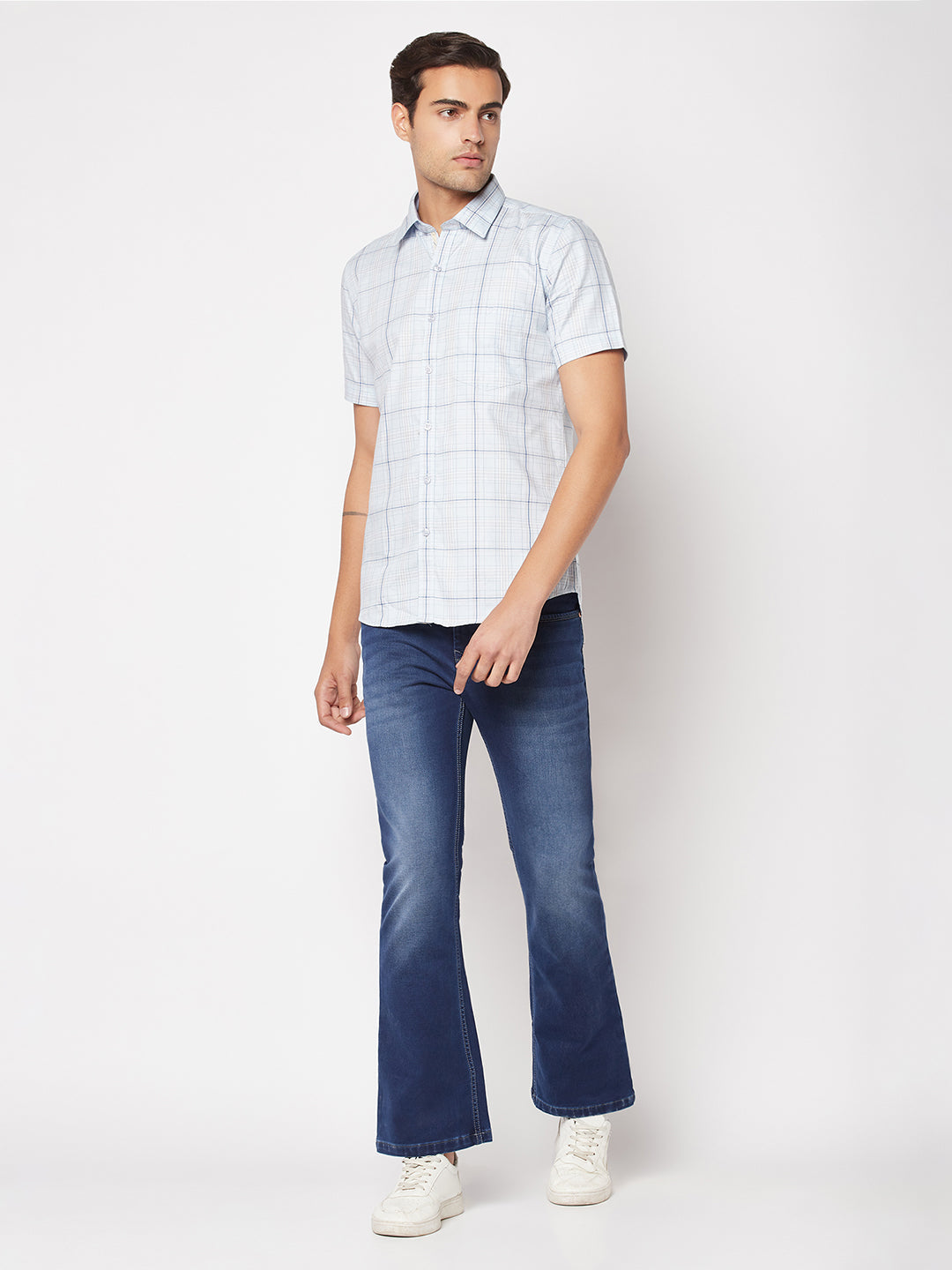  Short-Sleeved Blue Checked Shirt