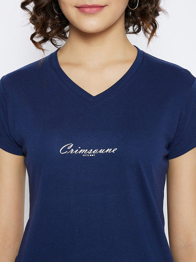 Navy Blue Printed V-Neck T-shirt - Women T-Shirts