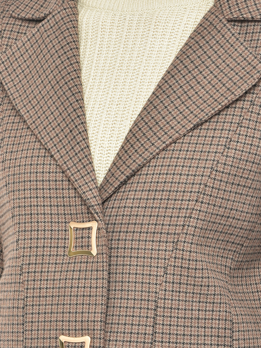 Women Brown Checked Longline Blazer-Women Blazer-Crimsoune Club