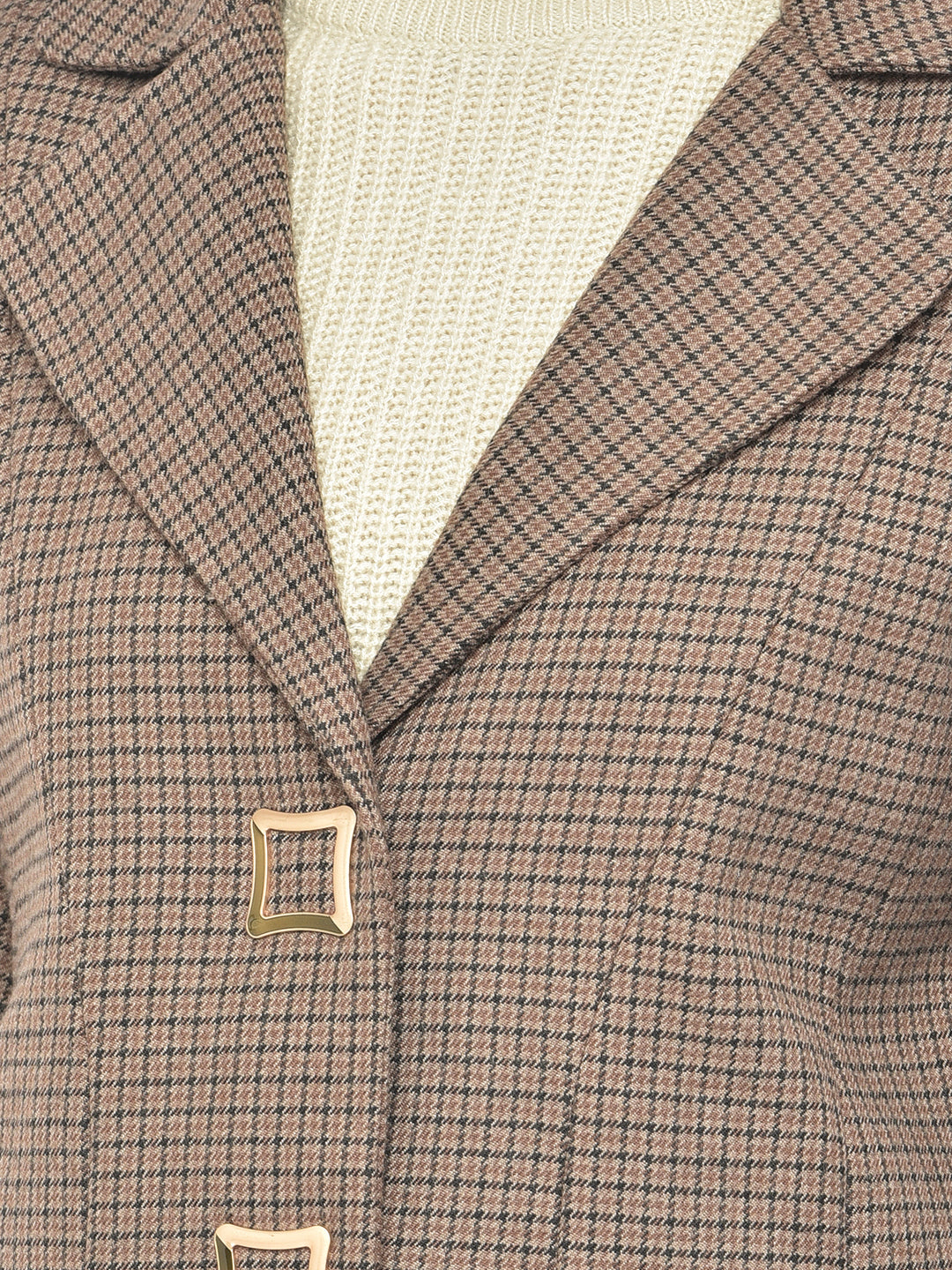 Women Brown Checked Longline Blazer-Women Blazer-Crimsoune Club