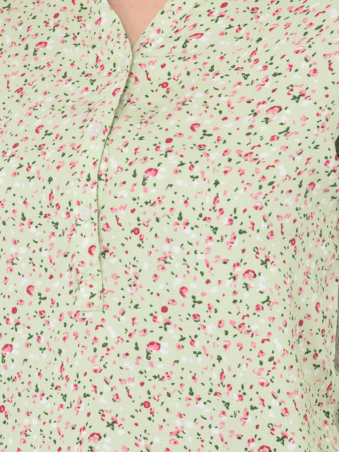 Green Floral Printed Mandarin Collar Top - Apparel & Accessories