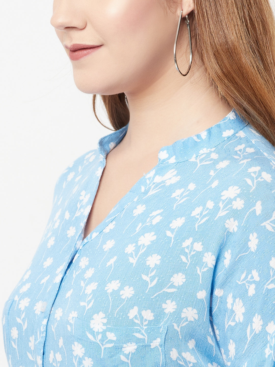 Blue Floral Printed V-Neck Shirt - Women Shirts