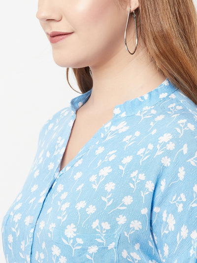 Blue Floral Printed V-Neck Shirt - Women Shirts