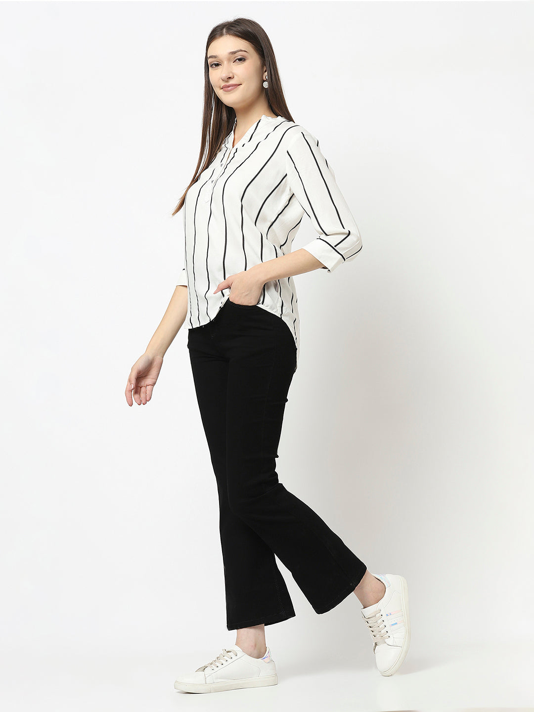 White Henley Collar Top in Stripes