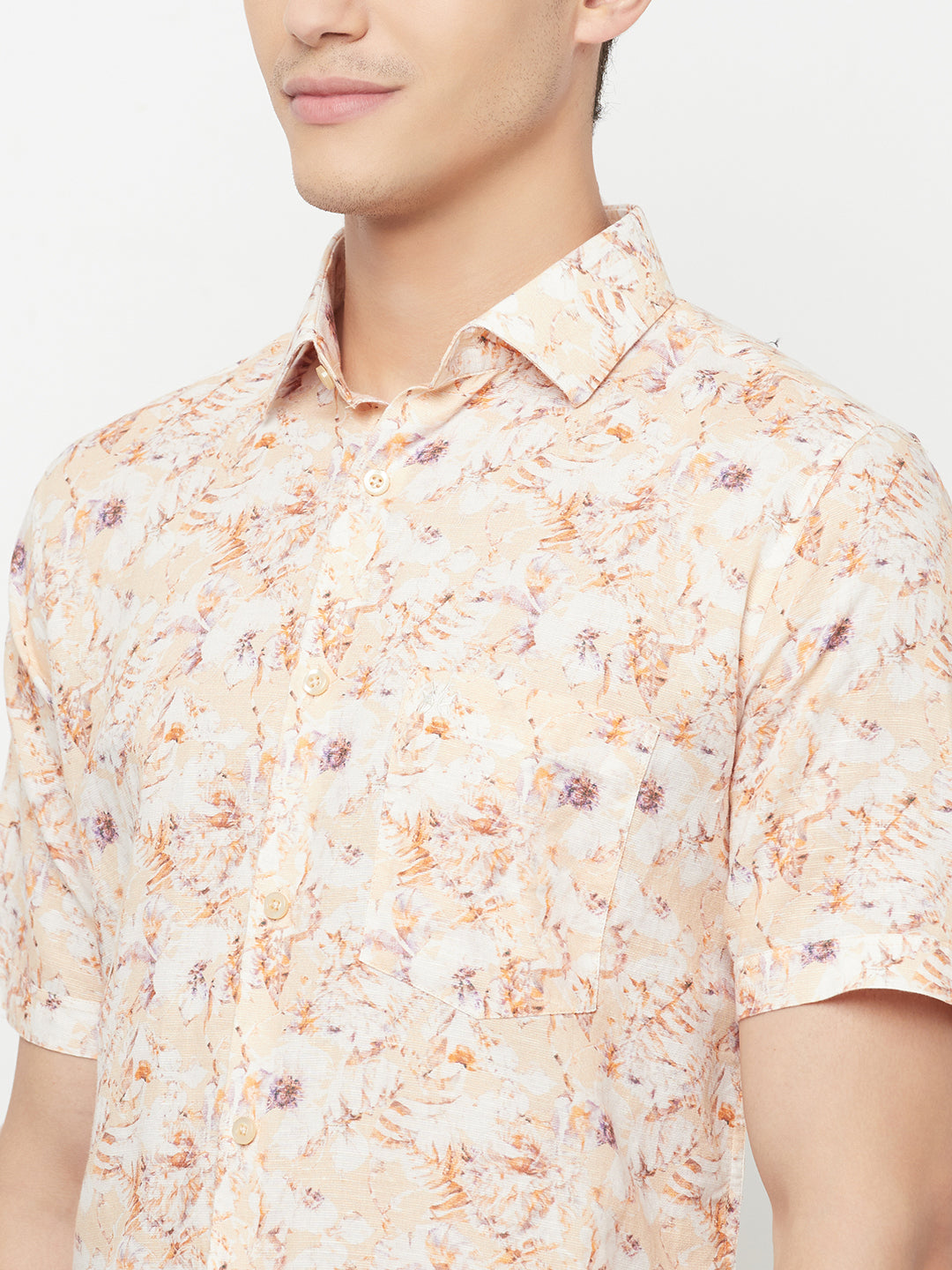 Orange Floral Printed Linen Shirt - Men Shirts