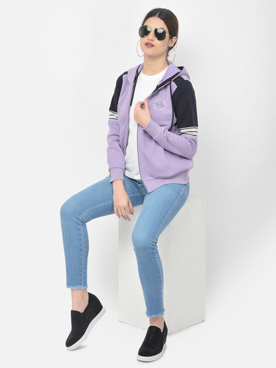 Purple Colourblocked Hooded Sweatshirt - Women Sweatshirts