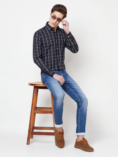 Navy Blue Checked Shirt - Men Shirts