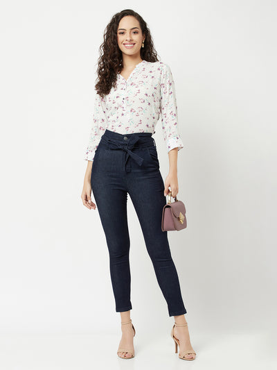 Navy Blue High waist Jeans With Belt-Women Jeans-Crimsoune Club