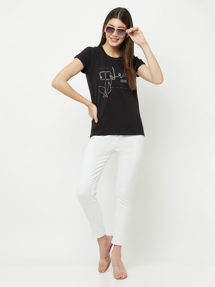 Black Printed Round Neck T-Shirt - Women T-Shirts