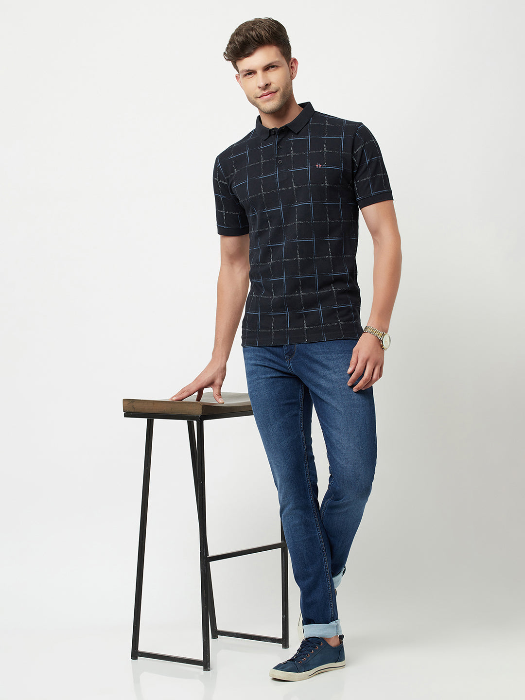 Navy Blue Checked Polo T-Shirt-Men T-Shirts-Crimsoune Club