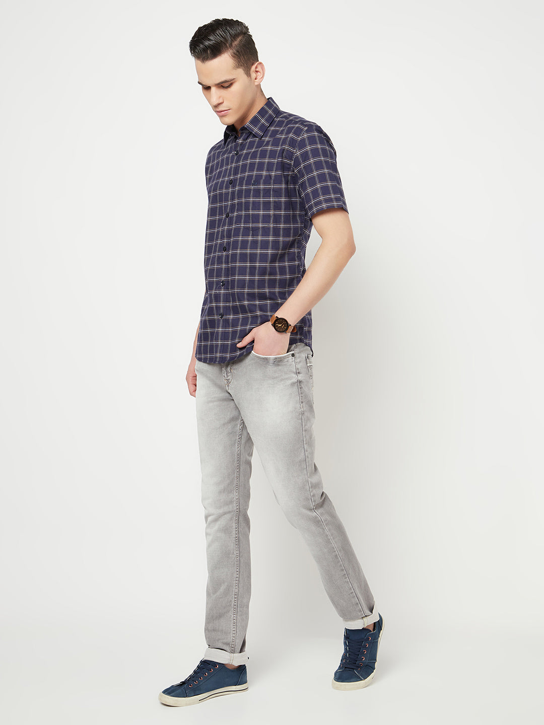 Navy Blue Checked Shirt - Men Shirts