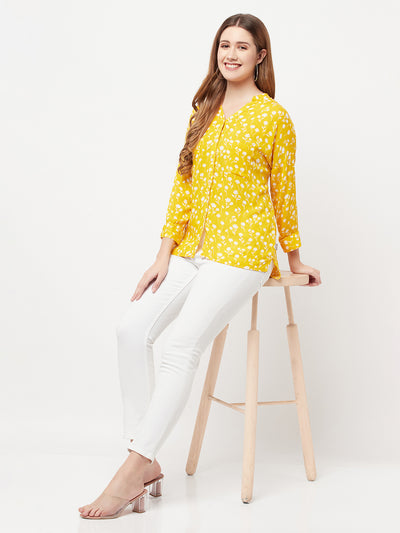 Yellow Floral Printed V-Neck Shirt - Women Shirts