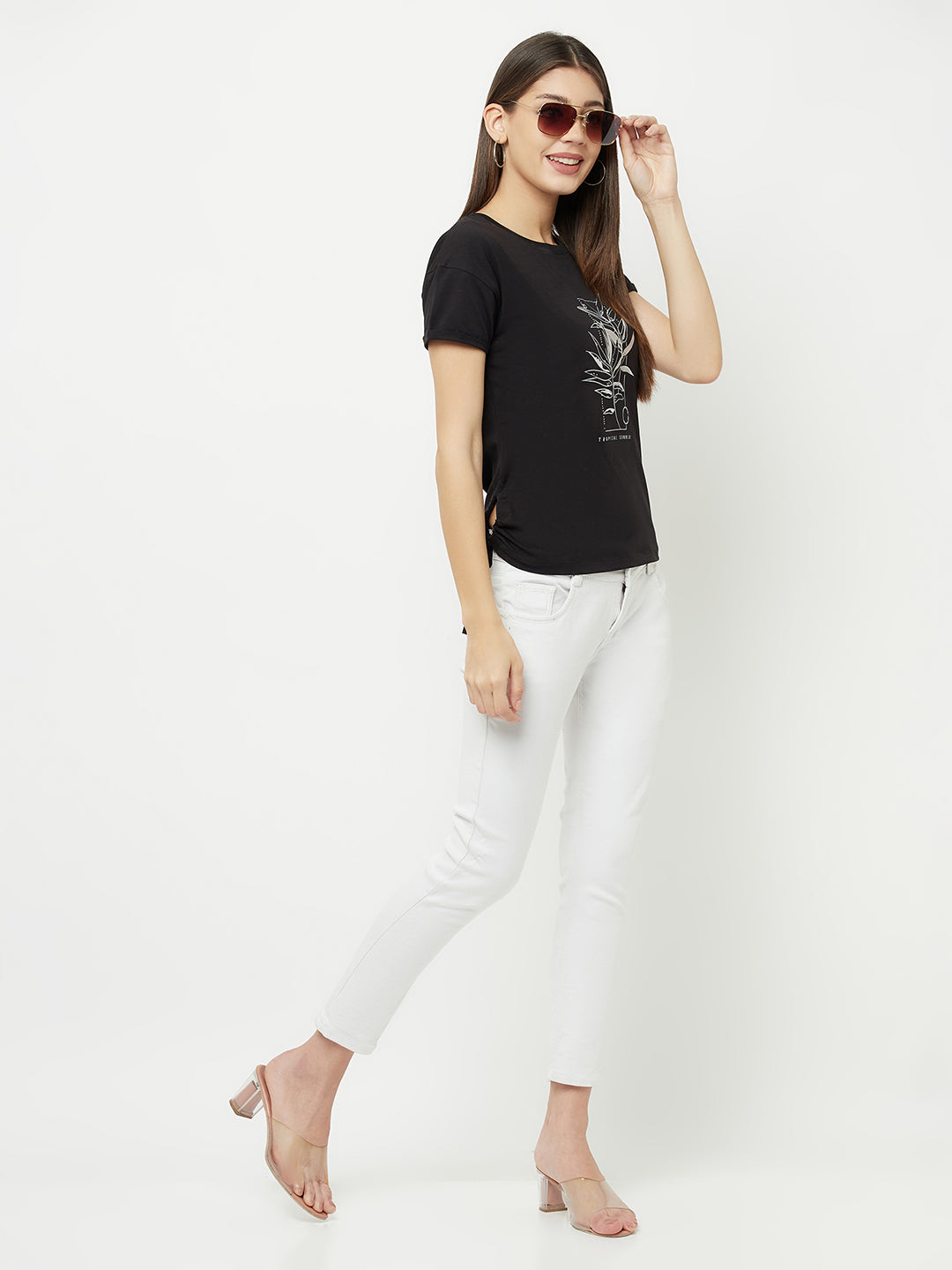 Black Printed Round Neck T-Shirt With Knot - Women T-Shirts