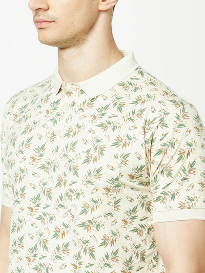  Oatmeal Melange Leaf-Print Polo T-Shirt