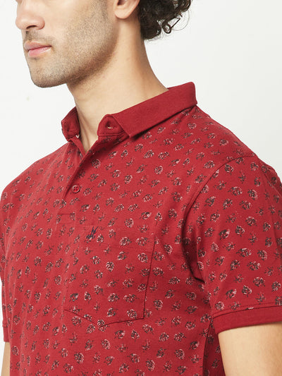  Maroon Floral Print Polo T-Shirt