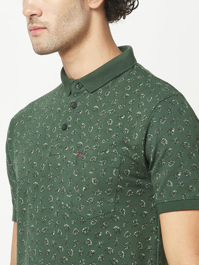  Bottle Green Floral Print Polo T-Shirt