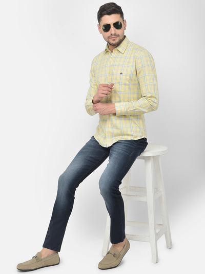 Yellow Checked Spread Collar Shirt - Men Shirts