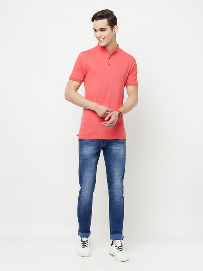 Pink Printed Mandarin Collar T-Shirt - Men T-Shirts