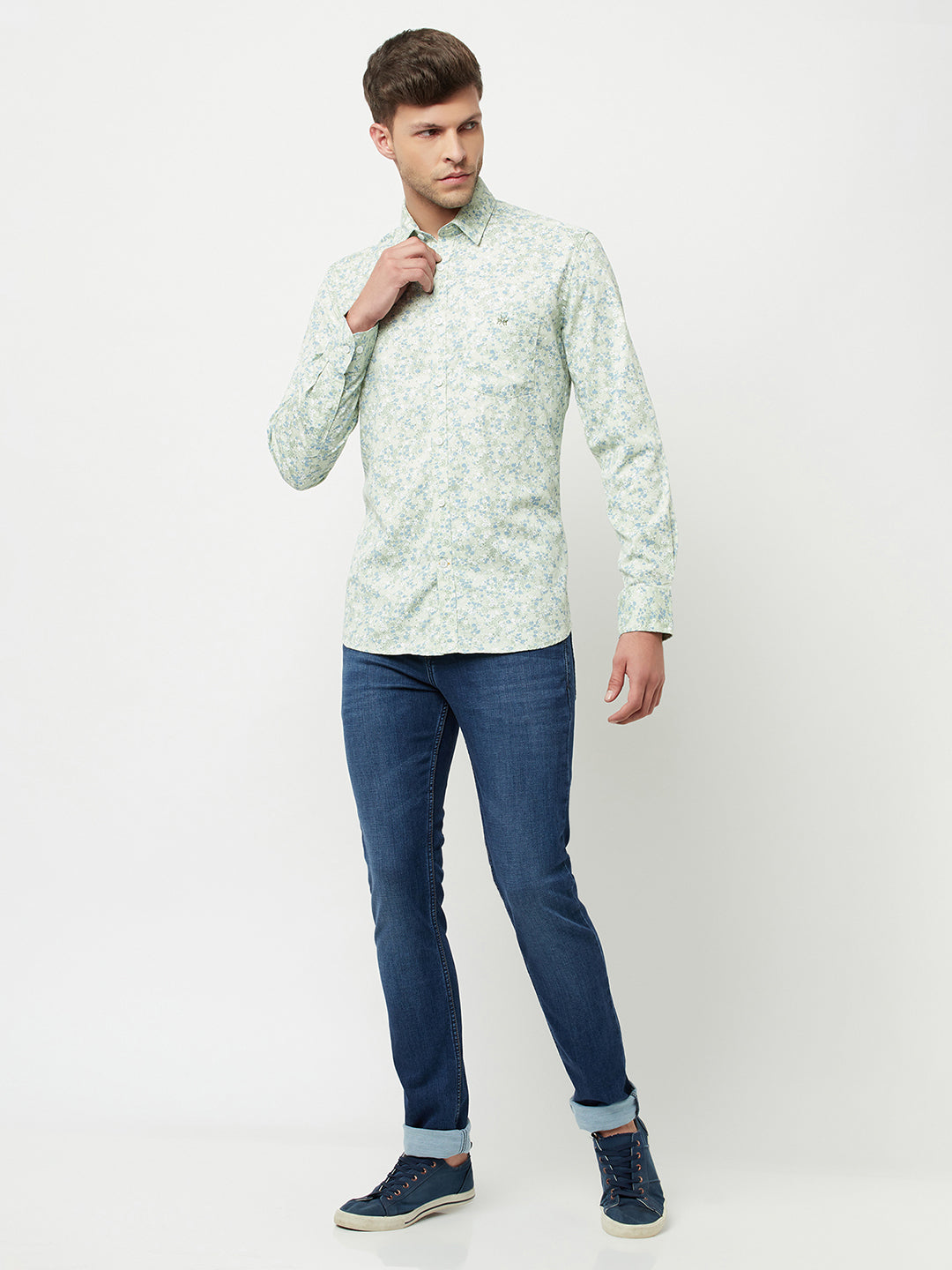 Mint-Green Floral Printed Shirt-Men Shirts-Crimsoune Club