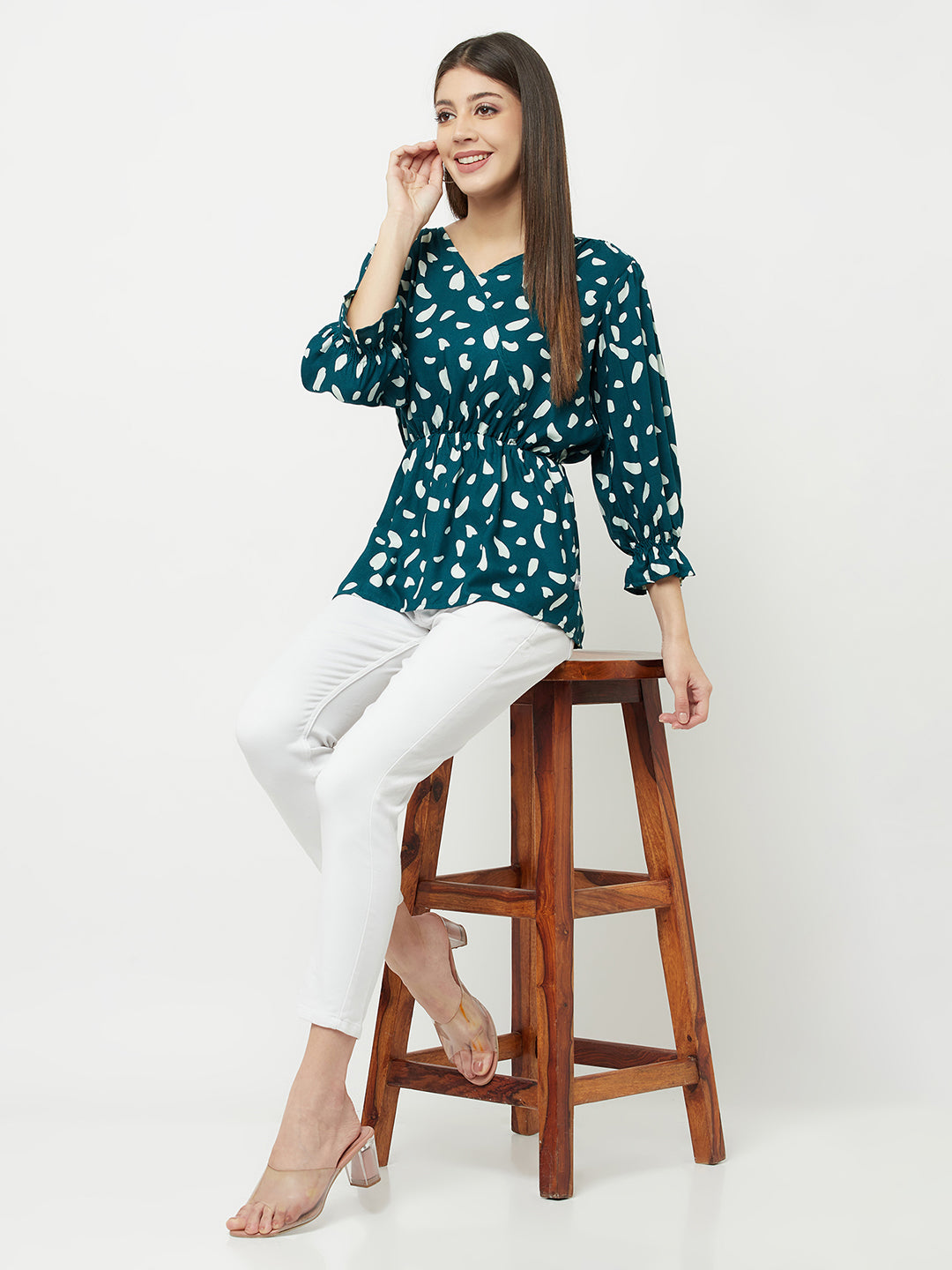 Teal Green Printed V-Neck Empire Top - Women Tops